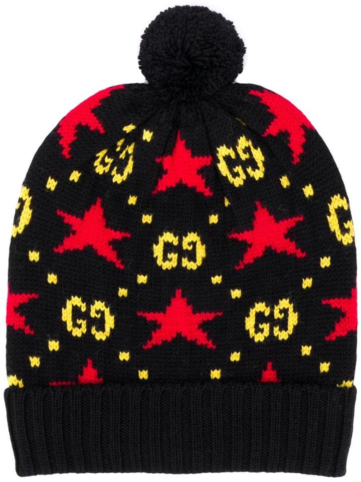 Gucci Intarsia Knit Gg Beanie - Black