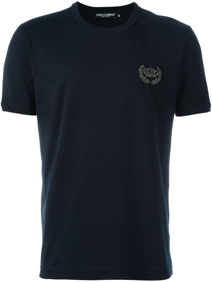 Dolce & Gabbana Embroidered Crown T-shirt, Men's, Size: 48, Blue, Cotton/ramie/metallic Fibre/polyester