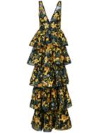 Marchesa Notte Tiered Floral Gown - Black