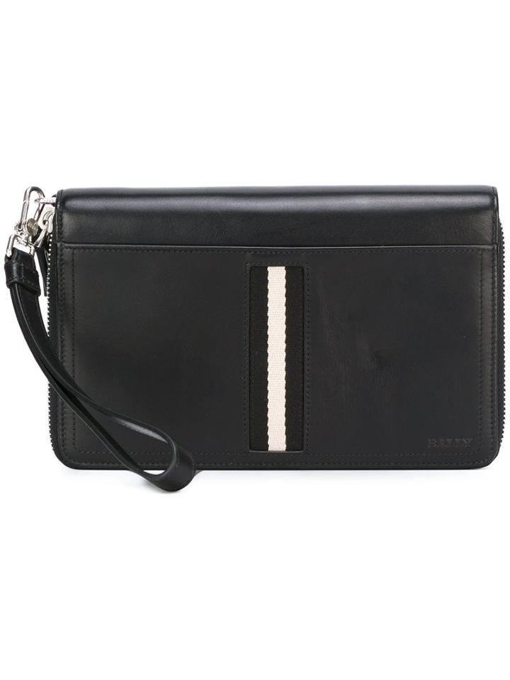 Bally Stripe Detail Zipped Clutch, Men's, Black, Calf Leather