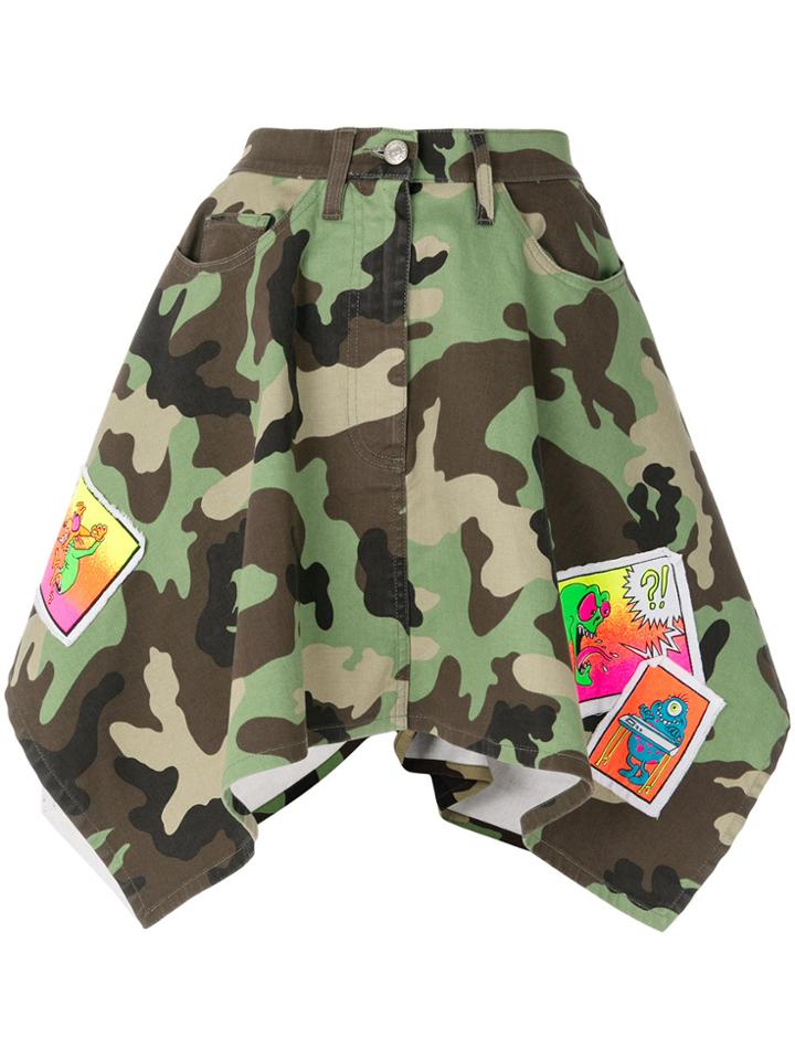 Jeremy Scott Camouflage Asymmetric Hem Skirt With Patches - Green