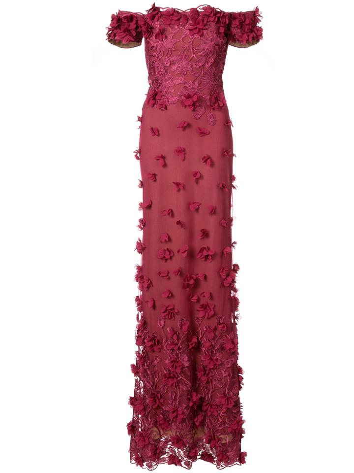 Marchesa Notte Off-shoulder Floral Appliqué Gown - Red