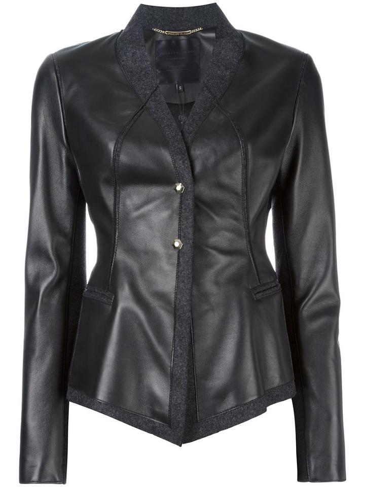 Philipp Plein V-neck Jacket, Women's, Size: Medium, Black, Lamb Skin/virgin Wool/polyamide/polyester