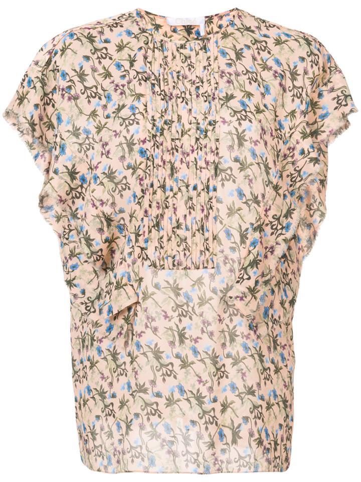 Chloé Floral High Low Pintuck Blouse - Nude & Neutrals