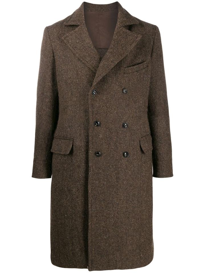 Fortela Herringbone Double-breasted Coat - Brown