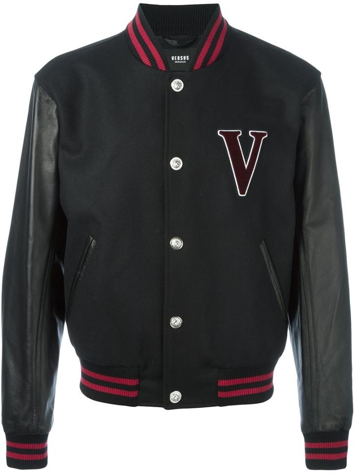 Versus Logo Patch Varsity Style Jacket, Men's, Size: 48, Black, Lamb Skin/nylon/polyamide/wool