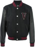 Versus Logo Patch Varsity Style Jacket, Men's, Size: 48, Black, Lamb Skin/nylon/polyamide/wool