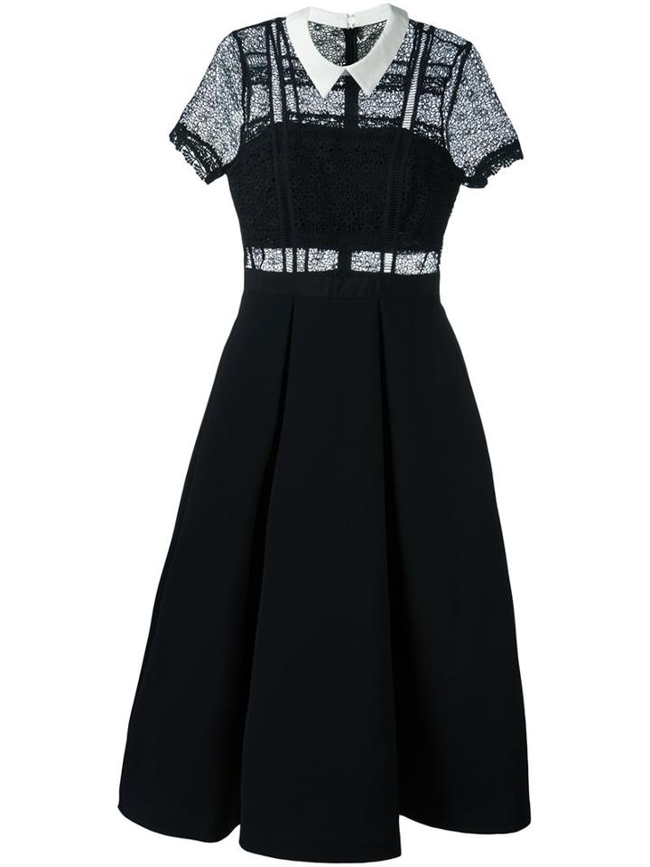 Self-portrait Flared Lace Panel Dress, Women's, Size: 10, Black, Polyester/polyamide/cotton