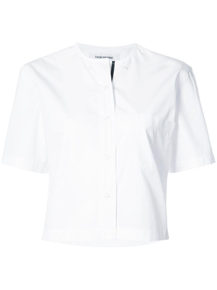 Thom Browne Short Sleeve Cropped Button Down Shirt With Grosgrain