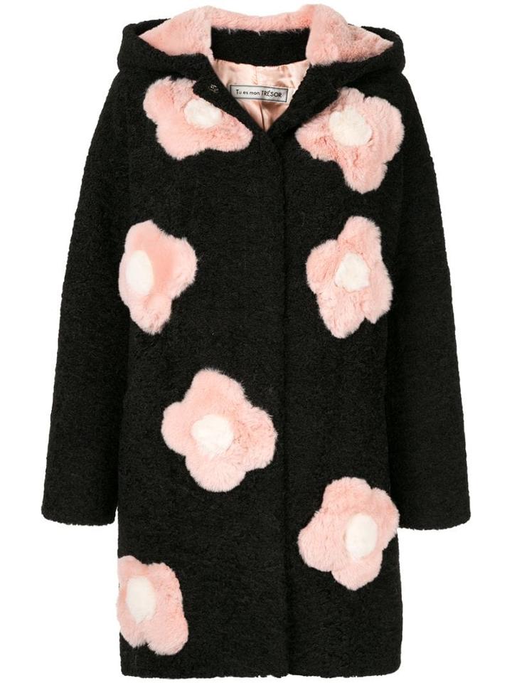 Tu Es Mon Trésor Faux Fur Flower Coat - Black