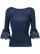 Oscar De La Renta Lace Bell Sleeved Blouse - Blue