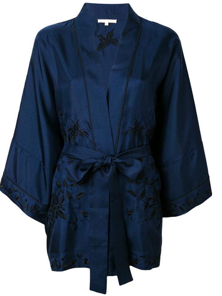 Gold Hawk Floral Embroidered Kimono - Blue