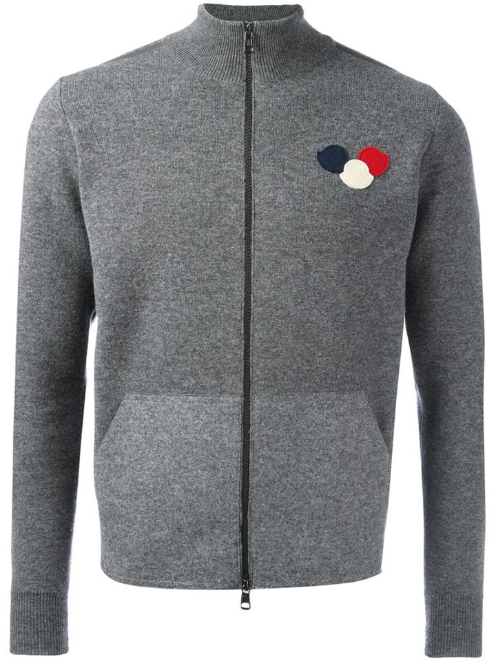 Moncler Logo Plaque Knit Cardigan, Men's, Size: Medium, Grey, Virgin Wool/polyamide/spandex/elastane