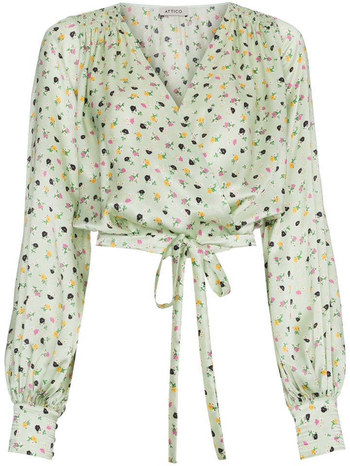 Attico Floral Print Wrap Silk Blouse - Green