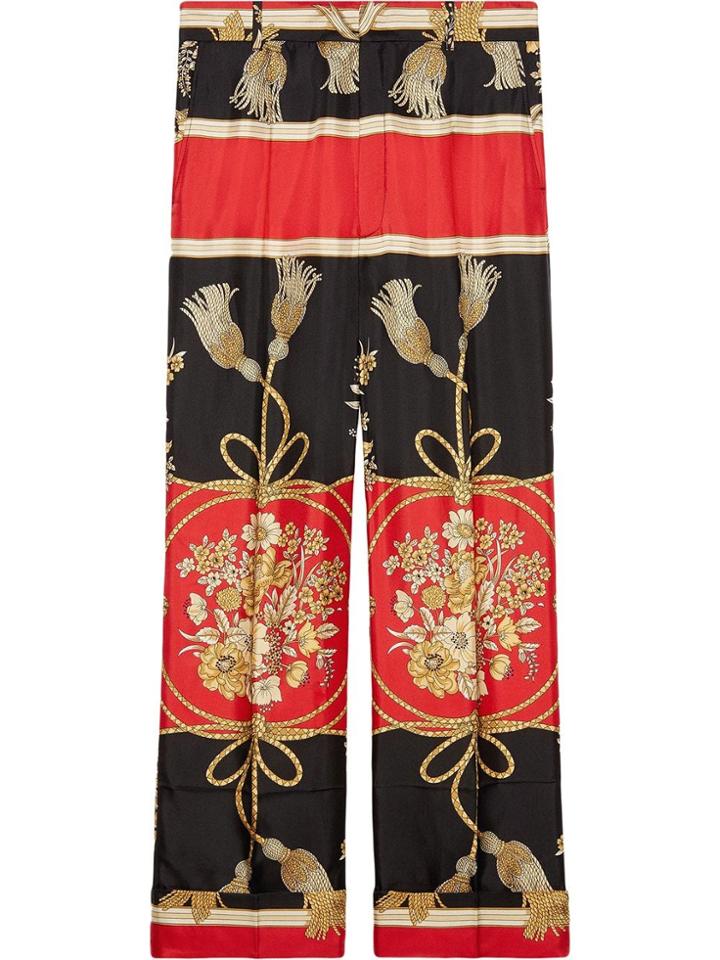 Gucci Silk Pant With Flowers And Tassels - Black