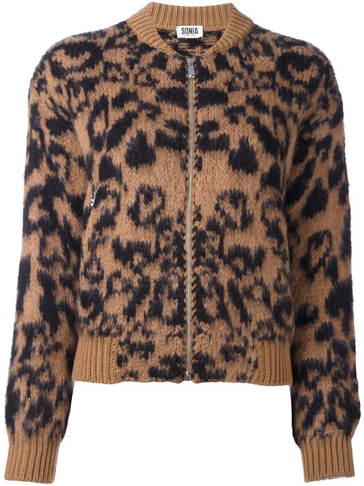 Sonia By Sonia Rykiel Animal Print Bomber Jacket, Women's, Size: Large, Brown, Acrylic/polyester/mohair/wool