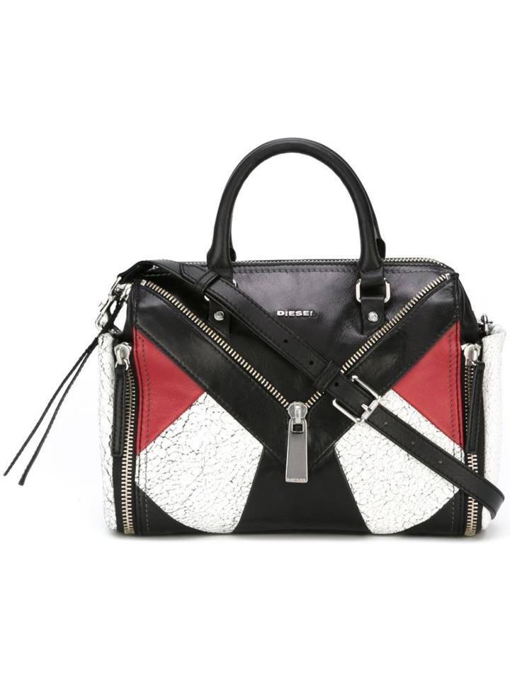 Diesel Front Zip Shoulder Bag, Black, Leather
