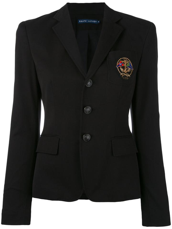 Ralph Lauren - Embroidered Emblem Blazer - Women - Cotton/spandex/elastane/acetate - 8, Black, Cotton/spandex/elastane/acetate