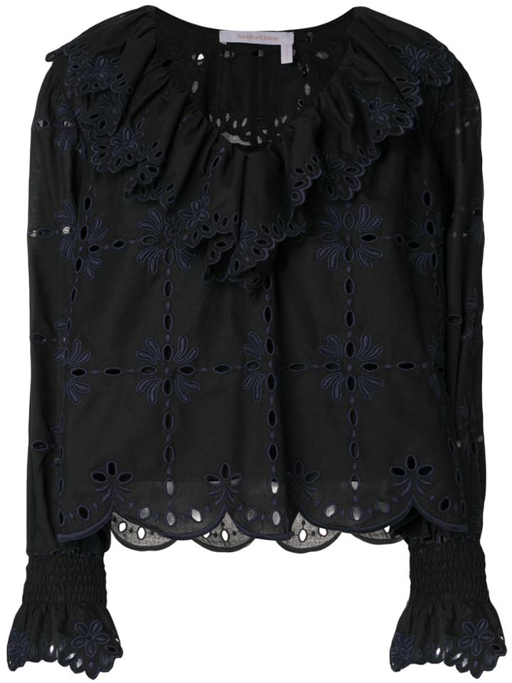 See By Chloé Open Embroidery Ruffle Blouse - Black