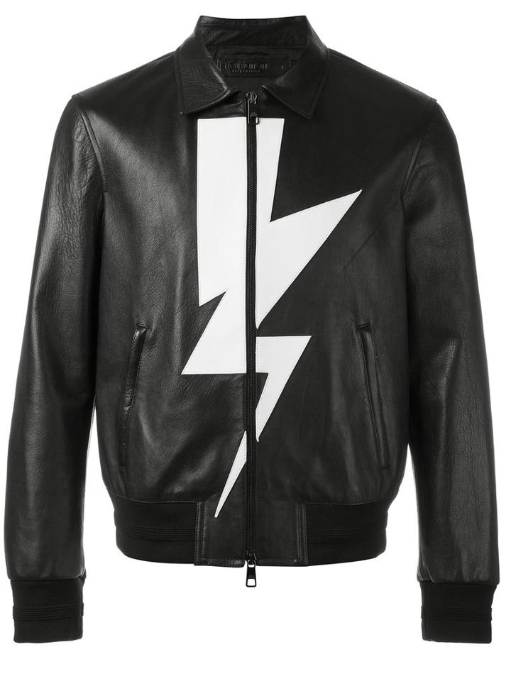 Neil Barrett Lightning Bolt Bomber Jacket, Men's, Size: Medium, Black, Leather/viscose/polyester