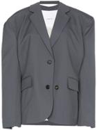 Pushbutton Square Shoulder Wool Blend Blazer - Grey