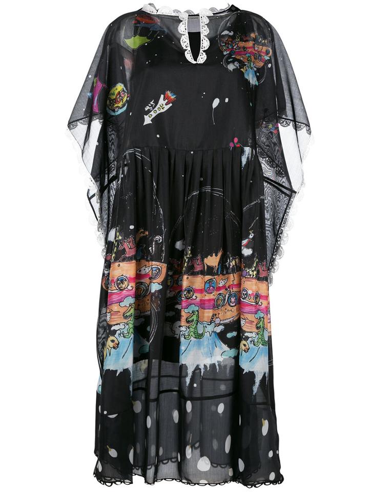 Tsumori Chisato Printed Shift Dress, Women's, Size: Small, Black, Polyester