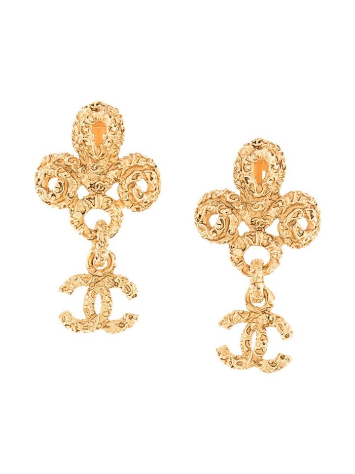 Chanel Pre-owned Cloverleaf Cc Swing Earrings - Gold