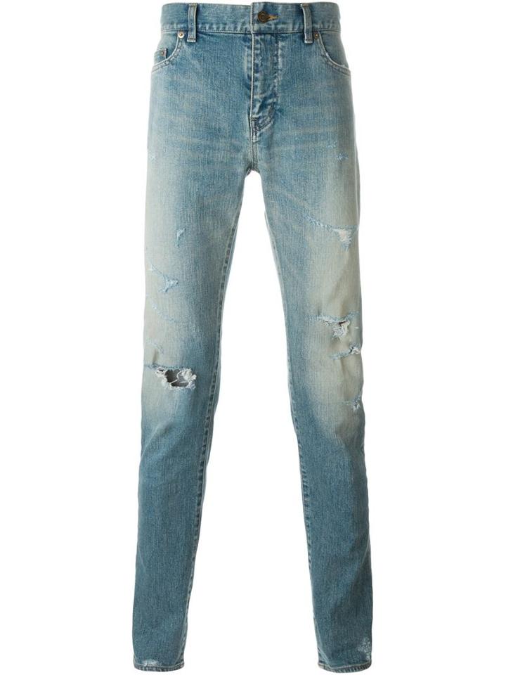 Saint Laurent Distressed Slim Fit Jeans, Men's, Size: 31, Blue, Cotton/spandex/elastane