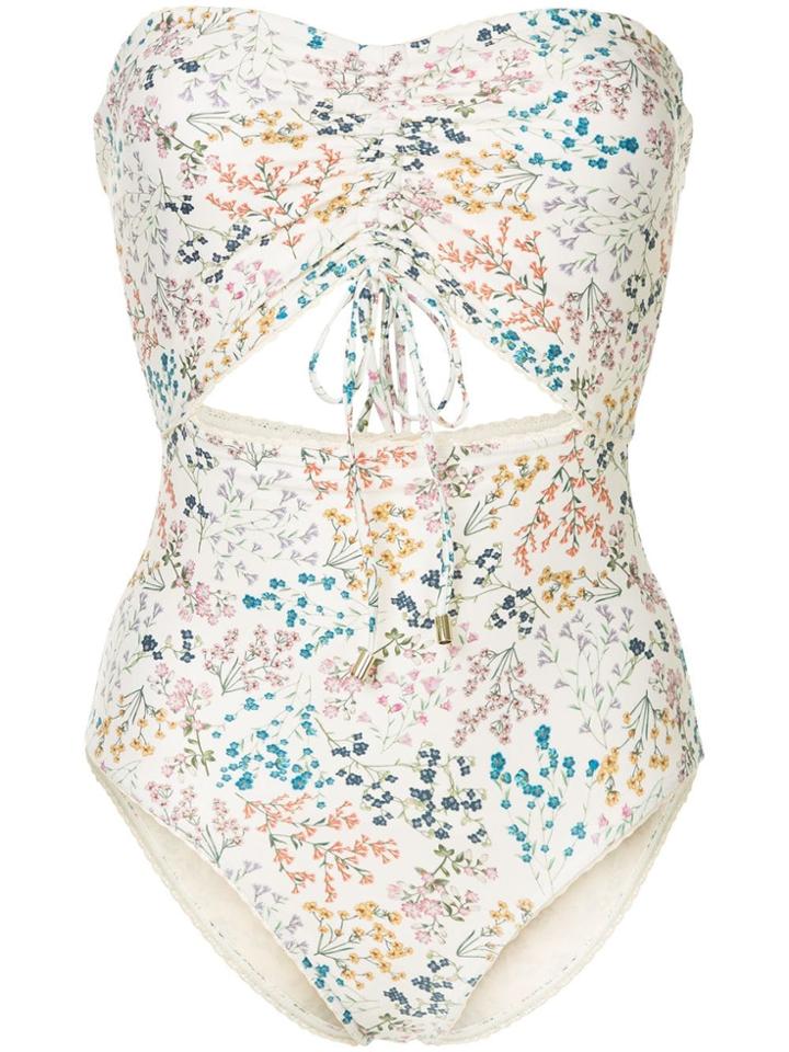 Peony Ruched Wild Flower Print Swimsuit - Nude & Neutrals
