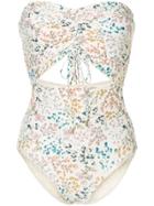 Peony Ruched Wild Flower Print Swimsuit - Nude & Neutrals