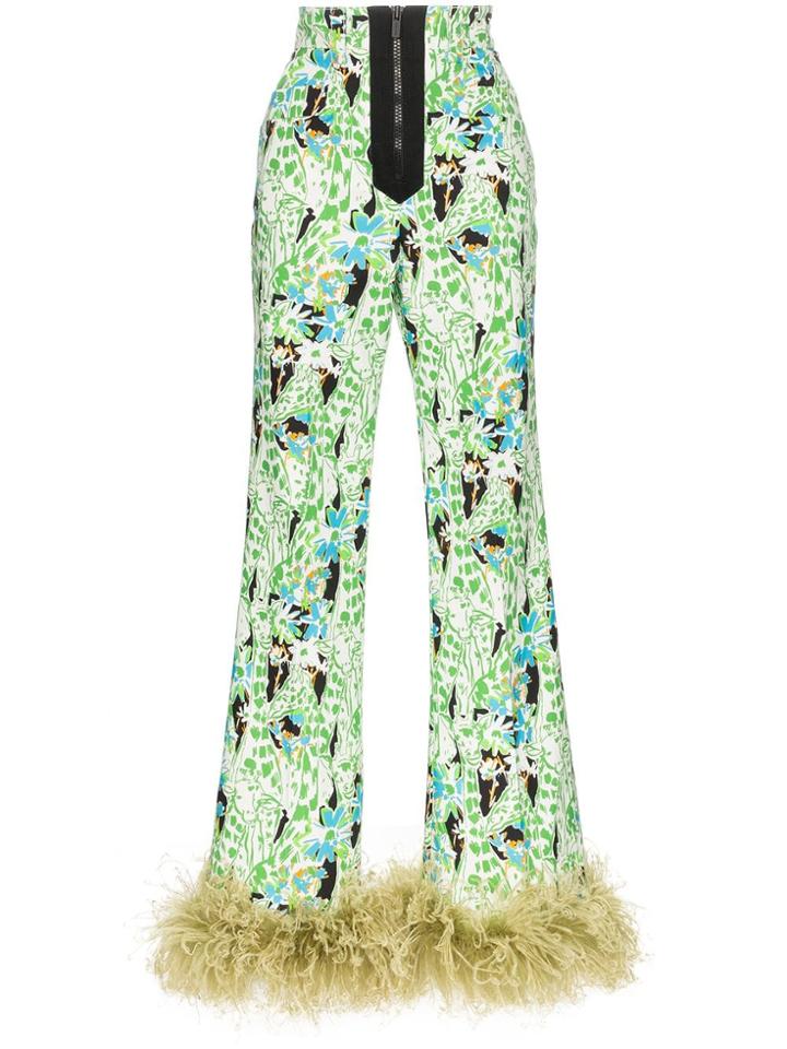 Miu Miu Printed Stretch Denim Marabou Feather Trim Jeans - Green