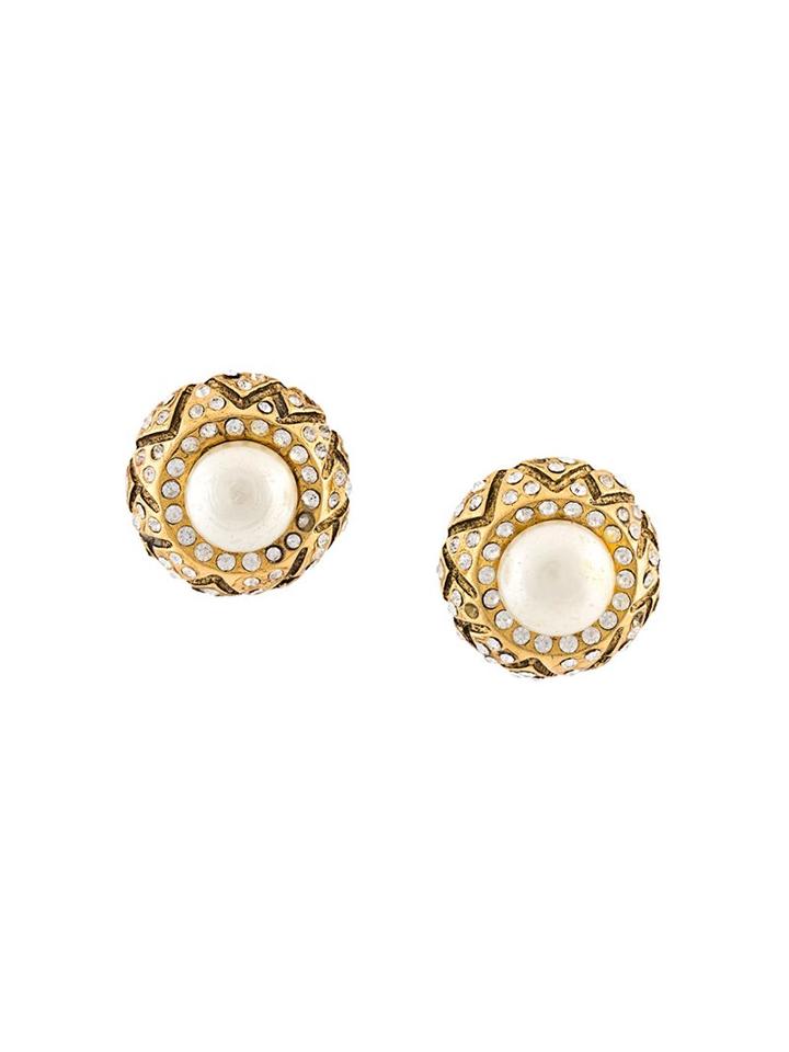 Chanel Vintage Pearl Rhinestone Clip-on Earrings, Women's, Metallic