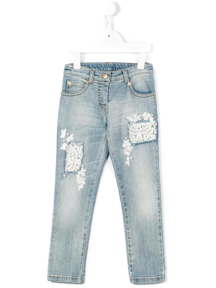 Ermanno Scervino Junior Lace Embroidered Jeans, Girl's, Size: 8 Yrs, Blue