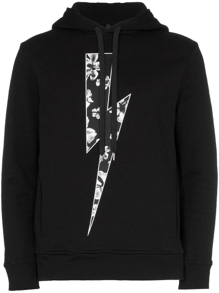 Neil Barrett Floral Print Lightning Bolt Hooded Jumper - Black