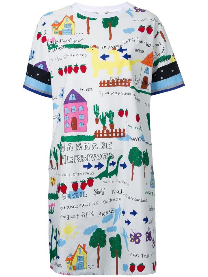 Muveil Printed T-shirt Dress, Women's, Size: 38, White, Cotton