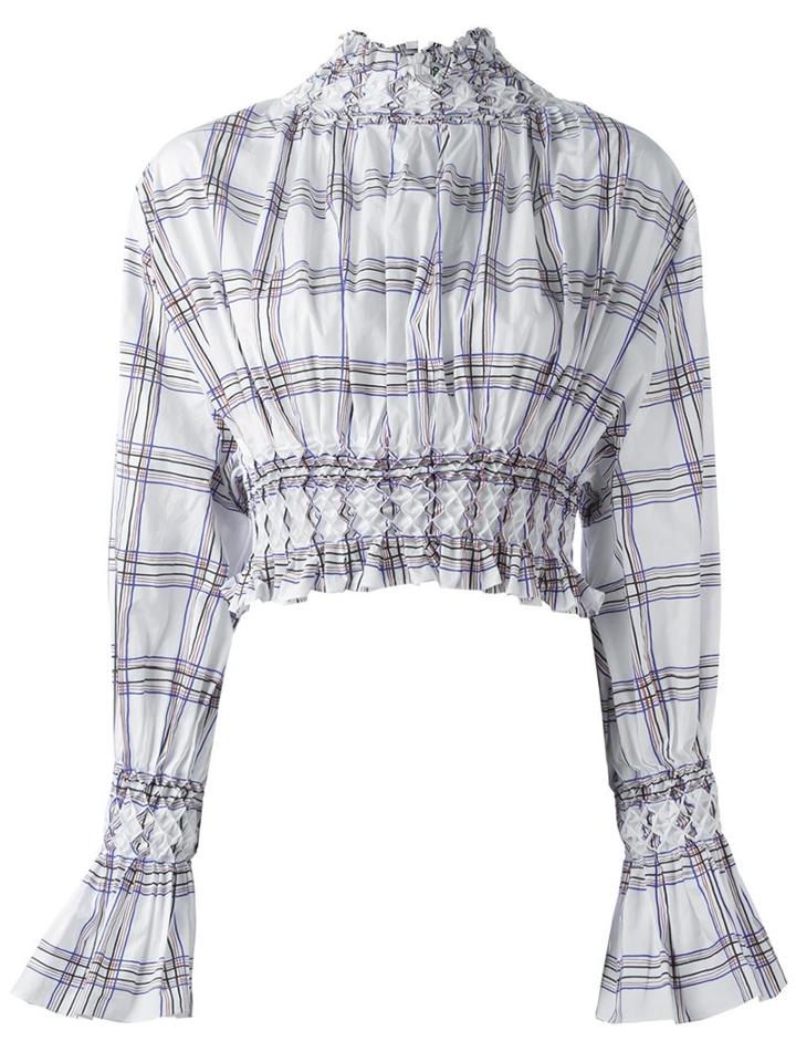 Kenzo Plaid Smocked Blouse, Women's, Size: 38, White, Cotton