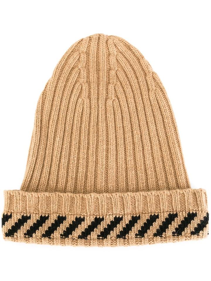 Off-white Ribbed Striped Beanie, Men's, Brown, Polyamide/viscose/cashmere/virgin Wool