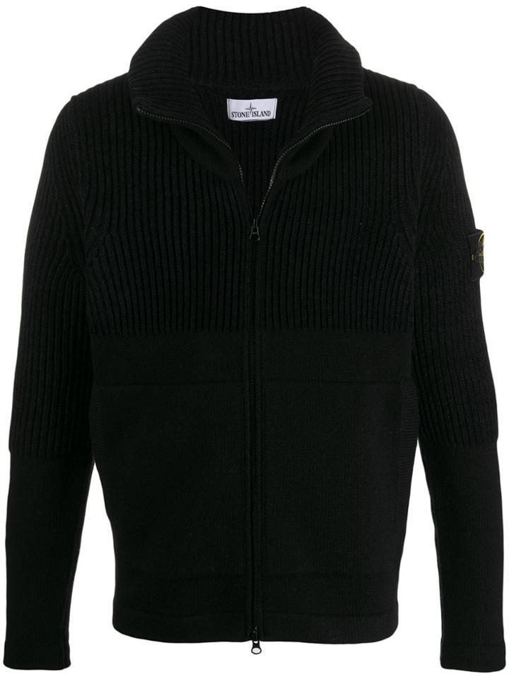 Stone Island Ribbed Zip-up Cardigan - Black