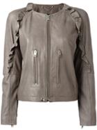 Diesel Ruffled Detail Zipped Jacket, Women's, Size: Large, Grey, Lamb Skin/cotton/acetate