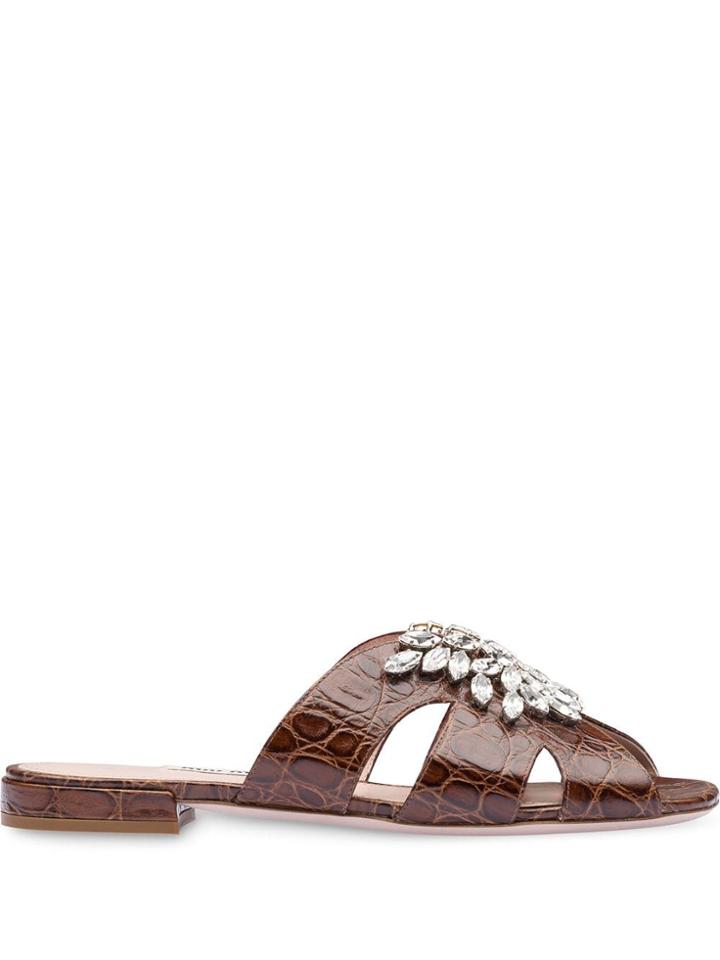 Miu Miu Embossed Croc Sandals - Brown