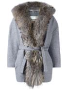 Ava Adore Trimmed Belted Coat, Women's, Size: 42, Grey, Wool/spandex/elastane/racoon Fur