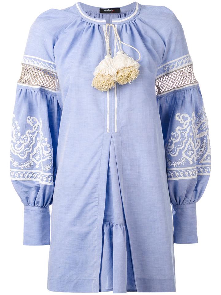 Wandering - Embroidered Belted Dress - Women - Cotton/linen/flax - 38, Blue, Cotton/linen/flax