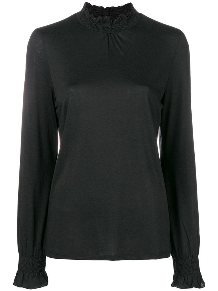 Closed Smocked Stand-up Collar Blouse - Black