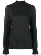 Closed Smocked Stand-up Collar Blouse - Black