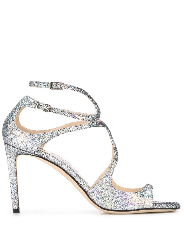 Jimmy Choo Cutout 100mm Glittered Leather Sandals - Metallic