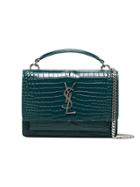 Saint Laurent Turquoise Logo Detail Croc Embossed Bag - Black