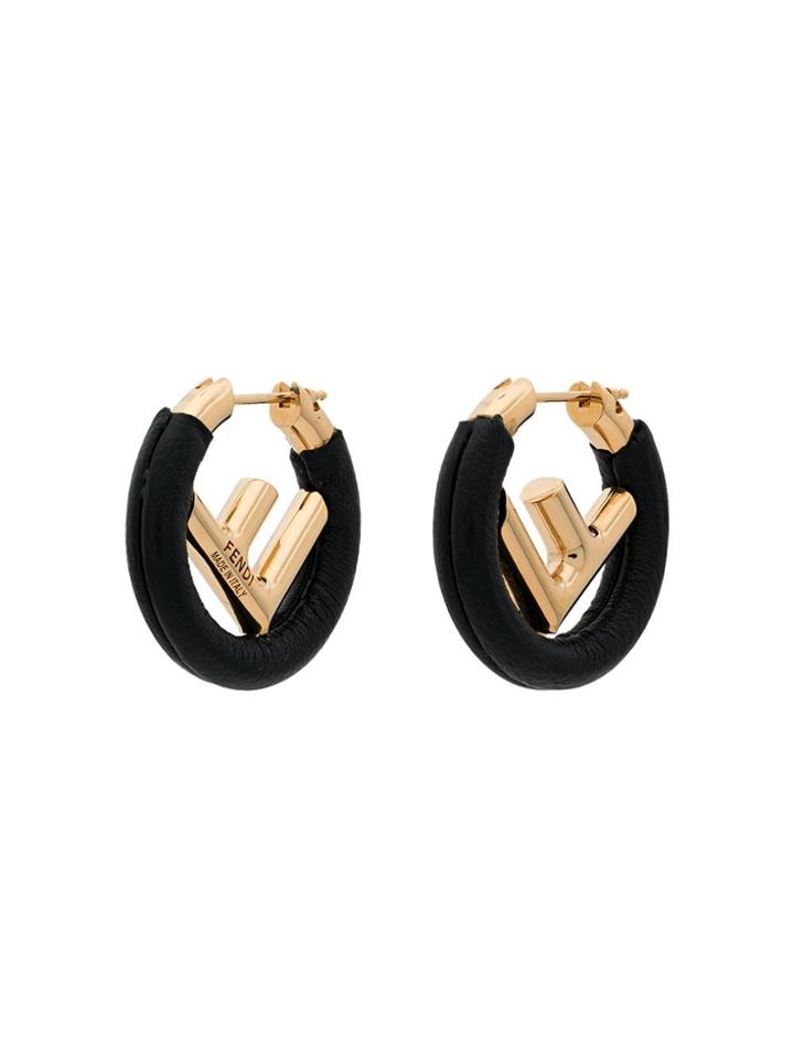 Fendi Black F Logo Leather Hoop Earrings