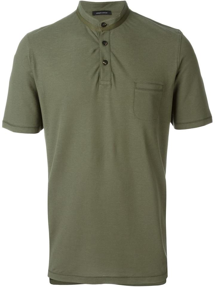 Roberto Collina Mandarin Collar Polo Shirt, Men's, Size: 50, Green, Cotton