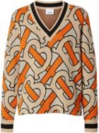 Burberry Monogram Intarsia Wool V-neck Sweater - Orange