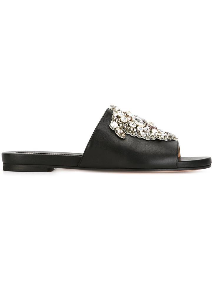 Rochas Rhinestone Embellished Sliders, Women's, Size: 37.5, Black, Nappa Leather/leather